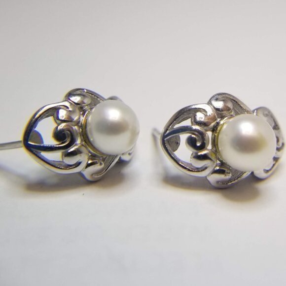 Freshwater White Pearl Sterling Silver Filigree Post Earrings NWT - Picture 2 of 8